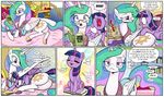  ! 2017 ? bed bedroom blush book border comic cutie_mark dialogue duo english_text equine eyes_closed eyewear feathered_wings feathers female friendship_is_magic frown glasses hair happy horn inside looking_at_viewer lying magic mammal multicolored_hair my_little_pony nightgown open_mouth pencils_(artist) princess_celestia_(mlp) reading sitting slippers smile speech_bubble spread_wings text thought_bubble tongue twilight_sparkle_(mlp) unamused white_border winged_unicorn wings yelling 