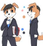  anthro binder black_hair blue_eyes blue_tie business_suit canine clothed clothing color_swatch concept_art coronta_(tenshoku_safari) dog fur hair male mammal multicolored_fur necktie official_art pants suit tenshoku_safari two_tone_fur unknown_artist 