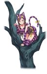  alice_in_wonderland all_fours animal_hat bow brown_hair cat_hat cheshire_cat cheshire_cat_(cosplay) cosplay dorothy_(princess_principal) elbow_gloves fake_tail fingerless_gloves full_body gloves hat highres in_tree long_hair looking_at_viewer makaria official_art paw_pose princess_principal princess_principal_game_of_mission purple_eyes purple_gloves purple_legwear shirt smile solo striped striped_legwear striped_shirt tail transparent_background tree whisker_markings yellow_bow 