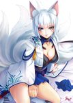  animal_ears azur_lane bangs blue_eyes blue_hakama blunt_bangs blush breasts cleavage collarbone commentary_request fox_ears fox_tail hakama hakama_skirt japanese_clothes kaga_(azur_lane) kimono large_breasts long_sleeves looking_at_viewer multiple_tails parted_lips short_hair simple_background smile solo tail white_kimono wide_sleeves yumibakama_meme 