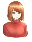  bangs blunt_bangs bob_cut brown_eyes brown_hair cropped_torso eyebrows_visible_through_hair looking_at_viewer original parted_lips red_sweater short_hair smile solo sweater upper_body white_background yuki_arare 