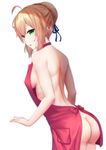  :o absurdres ahoge apron artoria_pendragon_(all) ass back bad_revision bangs bare_arms bare_shoulders blonde_hair blue_ribbon bow braid breasts butt_crack commentary_request cowboy_shot downscaled_revision dylannn fate/stay_night fate_(series) french_braid from_side green_eyes hair_between_eyes hair_bun hair_ribbon half-closed_eyes halterneck highres jewelry looking_at_viewer looking_to_the_side md5_mismatch medium_breasts naked_apron pocket red_apron red_bow ribbon ring saber shade shiny shiny_hair short_hair shoulder_blades sideboob sidelocks solo standing wedding_band 