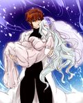  1girl amputee breasts brown_hair carrying couple dress glasses glowing hetero highres husband_and_wife karakure_(kamo-nanban) labcoat large_breasts monster_girl original pale_skin pregnant princess_carry quadruple_amputee red_eyes short_hair wedding wedding_dress white_hair white_skin youkai 