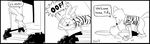  2016 all_fours anthro black_and_white calvin_and_hobbes canine clothed clothing comic crossover dialogue disney door duo english_text female fox glomp humor judy_hopps lagomorph lying male mammal monochrome nick_wilde on_back parody plant rabbit shrub signature text tggeko zootopia 