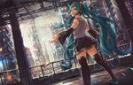  akamidoriao_(rgb) aqua_eyes aqua_hair boots city detached_sleeves dutch_angle from_behind hatsune_miku headphones long_hair necktie open_mouth outstretched_arms skirt snowing solo spread_arms thigh_boots thighhighs twintails very_long_hair vocaloid 