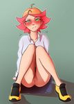  absurdres amanda_o'neill annoyed anus arm_support blush dress_shirt embarrassed full_body green_eyes highres legs little_witch_academia long_sleeves looking_at_viewer multicolored_hair no_panties nose_blush orange_hair parted_lips presenting pudgeruffian pussy pussy_juice red_hair shirt shoes short_hair sitting skirt sneakers solo sweat two-tone_hair uncensored wet 