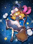  artist_name black_hat blonde_hair blush boots bow broom closed_mouth eyebrows_visible_through_hair full_body gloves hat hat_bow hidden_star_in_four_seasons holding holding_broom kirisame_marisa long_hair looking_at_viewer pink_gloves pink_scarf puffy_short_sleeves puffy_sleeves scarf short_sleeves smile snowman socks solo tansan_daisuki touhou white_bow white_legwear witch_hat yellow_eyes 