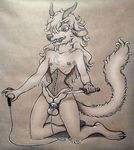  anthro arboreal balls canine erection fangs fluffy fluffy_tail greyscale hi_res horn kneeling knifeplay male mammal monochrome multi_penis nipple_piercing nipples open_mouth penis piercing solo wolf 