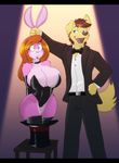  2017 anthro big_breasts bow_tie breasts canine clothed clothing dracojeff duo ear_grab female gender_transformation green_eyes hair hat huge_breasts lagomorph lipstick magic magic_trick makeup mammal mtf_transformation rabbit thick_thighs top_hat transformation voluptuous wide_hips wolf 