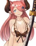  :d bangs bare_arms bare_shoulders blue_eyes breasts granblue_fantasy hair_ornament hair_over_one_eye hairclip halterneck highres horns japanese_clothes kimono large_breasts long_hair narmaya_(granblue_fantasy) navel open_mouth pink_hair simple_background smile solo sookmo upper_body white_background 