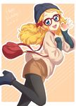  :d aikatsu! aikatsu!_(series) ankle_boots bag beanie black_legwear blonde_hair blue_eyes blue_footwear boots bow brown_shorts casual dated english from_side glasses hair_bow happy_birthday hat high_heel_boots high_heels highres long_hair long_sleeves looking_at_viewer looking_to_the_side ok_sign open_mouth pantyhose pink_background red-framed_eyewear red_bow saegusa_kii sekina short_shorts shorts shoulder_bag smile solo standing standing_on_one_leg sweater 