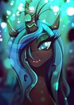  2017 changeling crown eyebrows eyelashes eyeshadow fangs female friendship_is_magic hi_res horn looking_at_viewer makeup my_little_pony open_mouth portrait queen_chrysalis_(mlp) rariedash slit_pupils smile solo teal_eyes teal_hair 