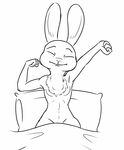  2016 anthro bed bedding black_and_white blanket breasts dewlap disney eyes_closed female judy_hopps lagomorph mammal monochrome nude on_bed pillow rabbit simple_background solo stretching tggeko under_covers white_background zootopia 
