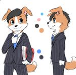  anthro binder black_hair blue_eyes blue_tie business_suit canine clothed clothing color_swatch concept_art coronta_(tenshoku_safari) dog fur hair male mammal multicolored_fur necktie official_art pants suit tenshoku_safari two_tone_fur unknown_artist 