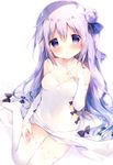  2017 :o artist_name azur_lane bangs bare_shoulders black_bow black_ribbon blush bow breasts collarbone commentary_request detached_sleeves dress eyebrows_visible_through_hair fingernails hair_between_eyes hair_bun hair_ribbon halterneck hand_up head_tilt jewelry long_hair long_sleeves looking_at_viewer medium_breasts no_shoes one_side_up parted_lips purple_eyes purple_hair ribbon ring shiratama_(shiratamaco) side_bun signature simple_background sitting sleeves_past_wrists solo thighhighs unicorn_(azur_lane) very_long_hair wariza wedding_band white_background white_dress white_legwear 
