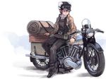  bedroll belt_pouch brough_superior coat cup fur_hat goggles goggles_on_headwear ground_vehicle hat hermes highres kino kino_no_tabi motor_vehicle motorcycle pouch reverse_trap short_hair sitting suitcase tomboy white_background window1228 