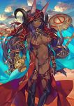  animal_ears aqua_eyes breasts bridal_gauntlets chain cleavage cloud dark_skin desert ears_through_headwear fate/grand_order fate_(series) gem gold_chain holding hood horns jewelry katou_itsuwa lamp large_breasts looking_at_viewer navel official_art oil_lamp open_mouth queen_of_sheba_(fate/grand_order) sand solo 