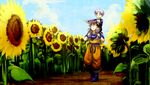  :o black_eyes black_hair blue_eyes boots carrying cloud day dougi dragon_ball dragon_ball_z eyebrows_visible_through_hair field flower happy looking_away male_focus multiple_boys neko_ni_chikyuu pointing purple_hair short_hair sky smile son_gohan sunflower trunks_(dragon_ball) 