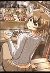  alternate_costume bench blurry blurry_background blush breasts brown_hair butt_crack casual commentary_request cup eyebrows_visible_through_hair food green_eyes highres holding holding_cup kantai_collection khakis large_breasts looking_at_viewer mutsu_(kantai_collection) oden open_mouth pants ribbed_sweater seitei_(04seitei) short_hair signature sitting sketch smile solo sweater table 