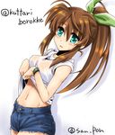  bangs blue_shorts brown_hair cowboy_shot cutoffs denim denim_shorts dutch_angle fuuka_reventon green_eyes hair_ribbon long_hair looking_at_viewer lyrical_nanoha navel parted_lips ponytail ribbon san-pon shirt shirt_lift short_shorts shorts sidelocks sleeves_rolled_up solo standing sweat twitter_username vivid_strike! wet wet_clothes wet_shirt white_shirt wristband 