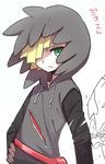  blonde_hair gen_7_pokemon gladio_(pokemon) green_eyes hair_over_one_eye hand_on_hip hood hood_up hoodie male_focus mikanbako_(aitatadon3) pokemon pokemon_(game) pokemon_sm silvally solo 