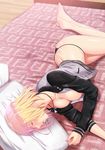  ass barefoot bed bed_sheet black_panties blonde_hair breasts butt_crack closed_eyes collarbone commentary_request highres indoors jacket letterman_jacket long_sleeves lying medium_breasts on_bed on_side original panties pillow short_hair shuko_hime sleeping solo tawagoto_dukai_no_deshi underwear 