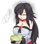  animal_ears bandages bare_shoulders black_hair breasts cleavage commentary_request ears_down hair_between_eyes imaizumi_kagerou large_breasts long_hair long_sleeves lunchbox red_eyes solo touhou translated wolf_ears xialu_zajin 