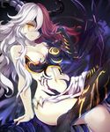  demon_horns glowing hair_over_one_eye hel_(p&amp;d) highres horns multicolored_hair navel pink_hair puzzle_&amp;_dragons silver_hair sitting suoni_(deeperocean) two-tone_hair yellow_eyes 