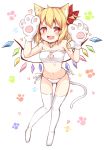  1girl :d animal_ears bandeau bangs bare_arms bare_shoulders bell bell_choker blonde_hair blush breasts cat_cutout cat_day cat_ears cat_lingerie cat_tail choker cleavage collarbone commentary_request crystal eyebrows_visible_through_hair fang flandre_scarlet full_body gloves groin hair_between_eyes hair_ribbon hands_up heart highres jingle_bell kemonomimi_mode looking_at_viewer medium_breasts meme_attire miy@ navel no_hat no_headwear no_shoes one_side_up open_mouth panties paw_background paw_gloves paw_print paws red_eyes red_ribbon ribbon short_hair side-tie_panties smile solo stomach tail thighhighs thighs touhou underwear underwear_only white_background white_choker white_legwear white_panties wings 