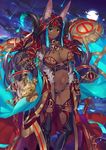  animal_ears aqua_eyes breasts bridal_gauntlets chain cloud dark_skin desert ears_through_headwear fate/grand_order fate_(series) full_moon gem gold_chain hood horns jewelry katou_itsuwa lamp large_breasts looking_at_viewer moon night night_sky official_art oil_lamp queen_of_sheba_(fate/grand_order) sand sky solo 