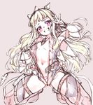  armpits blonde_hair blush breasts cagliostro_(granblue_fantasy) cameltoe cleavage_reach covered_nipples full-length_zipper full_body granblue_fantasy grin hairband head_tilt highres kneeling long_hair looking_at_viewer navel niko_(tama) pubic_tattoo purple_eyes small_breasts smile solo spikes tattoo thighhighs unzipped v zipper 