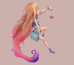  barefoot blonde_hair bracelet full_body gradient_hair grey_background hair_ornament highres jagooz jewelry league_of_legends long_hair looking_to_the_side midriff multicolored_hair necklace purple_eyes socks solo toeless_legwear very_long_hair yo-yo zoe_(league_of_legends) 