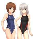  arena_(company) arms_behind_back black_swimsuit blue_eyes breasts brown_eyes brown_hair competition_swimsuit contrapposto cowboy_shot flat_chest girls_und_panzer grey_swimsuit highres itsumi_erika logo looking_at_viewer multiple_girls nishizumi_miho one-piece_swimsuit parted_lips short_hair silver_hair small_breasts standing swimsuit takafumi 