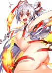  @_@ absurdres amamitsu_kousuke armpits ass bad_id bad_twitter_id bottomless bow breasts commentary_request eyebrows_visible_through_hair fang fire fujiwara_no_mokou hair_bow highres long_hair looking_at_viewer medium_breasts open_mouth outstretched_arm red_eyes silver_hair simple_background sketch solo torn_clothes touhou very_long_hair white_background white_bow 