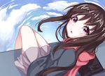  :o above_clouds absurdres artist_name bag bangs blush brown_hair commentary day english_commentary from_above grey_jacket helen_phan highres iki_hiyori jacket long_hair looking_at_viewer noragami open_mouth pink_eyes purple_skirt red_scarf scarf school_uniform signature sitting skirt sky solo 