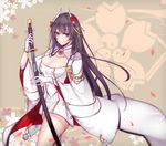  azur_lane bangs black_hair breasts cleavage cleavage_cutout closed_mouth cowboy_shot dress eyebrows_visible_through_hair flower gloves hair_flower hair_ornament hand_up hiei_(azur_lane) highres holding holding_sword holding_weapon horns japanese_clothes katana large_breasts light_smile long_hair long_sleeves looking_at_viewer miniskirt red_flower red_rose rose sheath short_dress skirt solo standing sword tetsu_(excalibur920) unsheathed unsheathing very_long_hair weapon white_gloves wide_sleeves yellow_eyes 