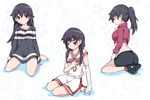  alternate_costume ass bandages barefoot basketball_uniform bike_shorts bra_strap brown_eyes closed_eyes floral_print hammer_(sunset_beach) highres jacket kanbaru_suruga long_hair looking_away monogatari_(series) multiple_views oversized_clothes oversized_shirt ponytail seiza shirt shoes sitting sneakers sportswear twintails wariza 