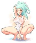  arm_support bangs bare_arms bare_legs bare_shoulders barefoot breasts covered_nipples dated earrings full_body jewelry kenshin187 large_breasts long_hair looking_at_viewer naked_shirt no_bra parted_lips pearl_earrings pointy_ears ryouko_(tenchi_muyou!) see-through shirt signature sketch solo squatting tenchi_muyou! tiptoes toenails white_background white_shirt yellow_eyes 