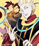  4boys ;d armor beerus black_eyes black_hair crossed_arms dougi dragon_ball dragon_ball_super dragon_ball_z dragon_ball_z_fukkatsu_no_f egyptian_clothes fingernails food frown fruit happy looking_at_viewer looking_away male_focus multiple_boys neko_ni_chikyuu one_eye_closed open_mouth purple_eyes smile son_gokuu staff strawberry sweatdrop twitter_username v vegeta whis white_hair 