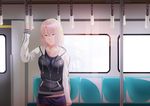  arm_up blonde_hair blue_eyes breasts collarbone commentary_request empty_eyes expressionless hand_grip highres jacket letterman_jacket long_sleeves medium_breasts original short_hair shuko_hime solo standing tawagoto_dukai_no_deshi train_interior upper_body 