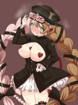  1girl 7753 bare_chest black_ribbon black_shirt blush braid breasts brown_hair cowboy_shot cum_on_goggles dress embarrassed frilled_skirt frilled_sleeves frills gakuran green_eyes gyoniku_acv hair_ribbon hat_ heart heart_pasties heart_stickers heart_tattoo heavy_breathing highres holding in_heat large_breasts long_sleeves looking_at_viewer low_twintails mahou_shoujo_ikusei_keikaku mahou_shoujo_ikusei_keikaku_limited multicolored_hair pasties pink_hair ribbon school_uniform shirt simple_background skirt solo tattoo twin_braids twintails two-tone_hair 