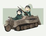  :d absurdres arisaka black_hair blonde_hair blue_eyes bolt_action brodie_helmet chito_(shoujo_shuumatsu_ryokou) driving fur_trim gloves ground_vehicle gun half-track helmet highres holding holding_gun holding_weapon kettenkrad lkqyan long_hair low_twintails military military_uniform military_vehicle multiple_girls open_mouth rifle shoujo_shuumatsu_ryokou simple_background smile stahlhelm twintails uniform weapon yuuri_(shoujo_shuumatsu_ryokou) 