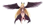  bare_legs barefoot black_dress black_panties black_wings blonde_hair blush dress finger_licking floating full_body highres horns konjiki_no_yami licking long_hair looking_at_viewer navel_cutout panties red_eyes shokoori simple_background solo to_love-ru to_love-ru_darkness to_love-ru_darkness_2nd underwear very_long_hair white_background wings 