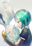  amputee androgynous antarcticite black_shirt blue_eyes commentary_request gem_uniform_(houseki_no_kuni) golden_arms green_eyes green_hair highres houseki_no_kuni multiple_others parted_lips phosphophyllite profile revision sad shirako_sei shirt short_hair short_sleeves sidelocks silver_hair spoilers tears white_shirt 