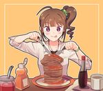  :p ahoge blush brown_hair closed_mouth coffee coffee_mug collarbone cup drill_hair eyebrows_visible_through_hair food fork holding holding_fork holding_knife idolmaster idolmaster_million_live! jewelry kamille_(vcx68) knife licking_lips looking_away mug necklace pancake plate short_hair sitting smile solo stack_of_pancakes syrup table tongue tongue_out upper_body yokoyama_nao 