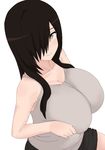  bare_shoulders black_hair breast_squeeze breasts brown_eyes cleavage hair_over_one_eye highres huge_breasts long_hair looking_at_viewer nao_(ritsancrossover) original shorts smile solo 
