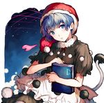  abusoru apron bangs black_dress blue_eyes blue_hair book breasts doremy_sweet dream_soul dress eyebrows_visible_through_hair hat head_tilt highres holding holding_book looking_at_viewer medium_breasts nightcap parted_lips pom_pom_(clothes) red_hat short_hair short_sleeves sketch solo tail tapir_tail touhou waist_apron white_background 