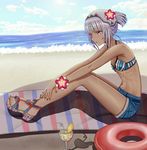  altera_(fate) bangs bare_arms bare_legs bare_shoulders beach beach_towel bikini_top black_nails blue_sky blunt_bangs blurry blurry_background breasts cleavage cloud cross-laced_footwear cross-laced_sandals cup cutoffs dark_skin day denim denim_shorts depth_of_field drinking_glass drinking_straw fate/extella fate/extra fate_(series) flower food forehead_protector from_side fruit full_body hair_flower hair_ornament hokori_sakuni horizon innertube leaning_forward legs_apart lemon lemon_slice lens_flare_abuse long_hair nail_polish navel ocean outdoors own_hands_together red_eyes sandals shore short_ponytail short_shorts shorts silver_hair sitting sky small_breasts solo sparkle striped_bikini_top thighs toenail_polish towel tropical_drink water wrist_flower 