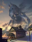  cloud cloudy_sky day door east_asian_architecture fantasy fence house miso_katsu moomin moomintroll no_humans original outdoors power_lines road scenery sky street sunset telephone_pole 