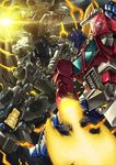  80s autobot axe battle battle_axe blue_eyes clenched_hand duel full_body glowing glowing_weapon headgear huge_weapon insignia looking_at_another looking_down mecha multiple_boys no_humans nova_prime oldschool optimus_prime paintedmike the_transformers_(idw) transformers weapon 